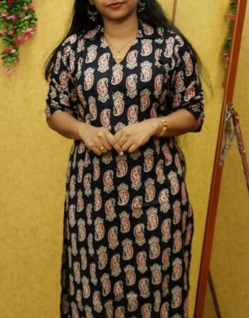 Semi Ajrak Cotton Slit Kurti (Black Mango)