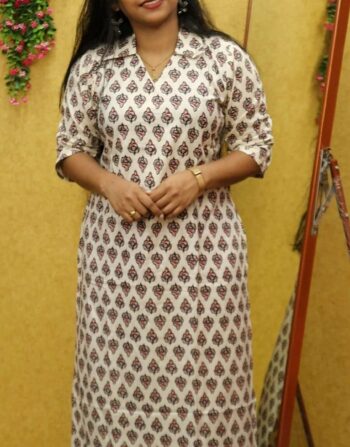 Semi Ajrak Cotton Slit Kurti (Offwhite Small)