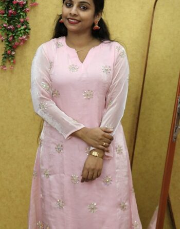 Velvet Organza Partywear Aline Full Sleeve Kurti (Baby Pink)