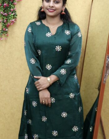 Velvet Organza Partywear Aline Full Sleeve Kurti (Bottle Green)