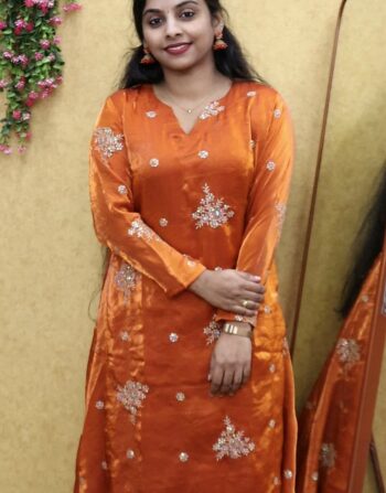 Velvet Organza Partywear Aline Full Sleeve Kurti (Orange)