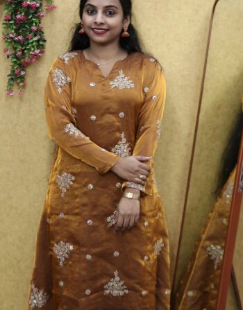 Velvet Organza Partywear Aline Full Sleeve Kurti (Golden Brown)