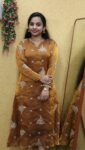 Velvet Organza Partywear Aline Full Sleeve Kurti (Golden Brown)