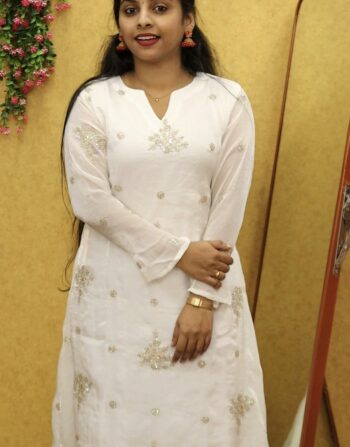 Velvet Organza Partywear Aline Full Sleeve Kurti (Milky White)