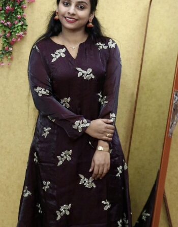 Velvet Organza Partywear Aline Full Sleeve Kurti (Deep Wine)