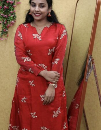 Velvet Organza Partywear Aline Full Sleeve Kurti (Red)