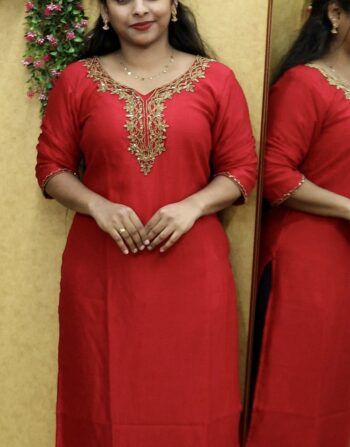 Vichitra Silk Handworked Slit Kurti (Rani Pink)