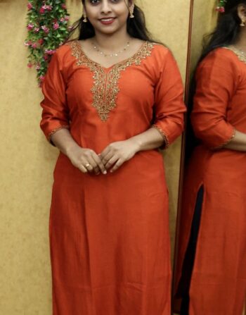 Vichitra Silk Handworked Slit Kurti (Orange)