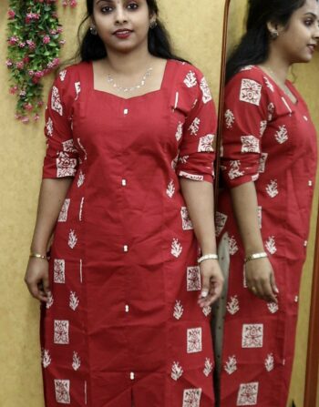 Dabu Cotton Slit Kurti (Red)
