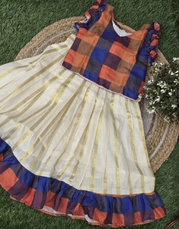 Kids Madras Chex Top With Skirt (Pattern 4 Orange Blue)