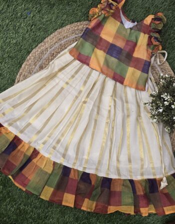 Kids Madras Chex Top With Skirt (Pattern 3 Yellow  Green)