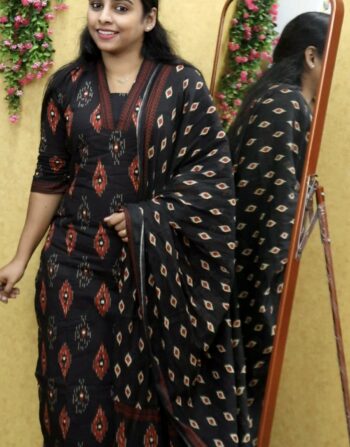 Cotton Pochampully Printed  Slit Kurti With Pant And Duppatta