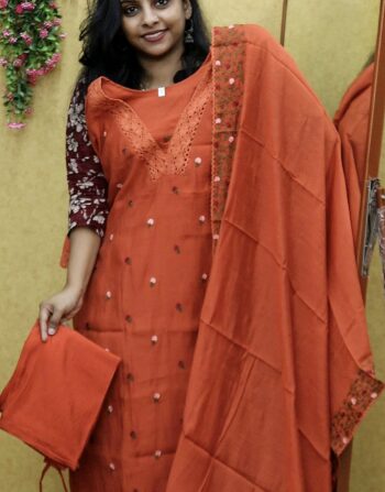 Premium Mul Chanderi 3 Piece Set (Rust Orange)