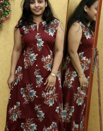 Dabu Cotton Princess Cut Aline Kurti (Meroon)