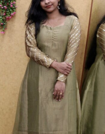 Designer Crushed Tissue Full Sleeve Aline Kurti (Pastel Green)