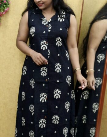 Black Coat Collar Aline Kurti (Flower Print)