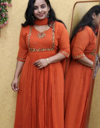 Georgette Partywear Aline Kurti With Duppatta (Burnt Orange)
